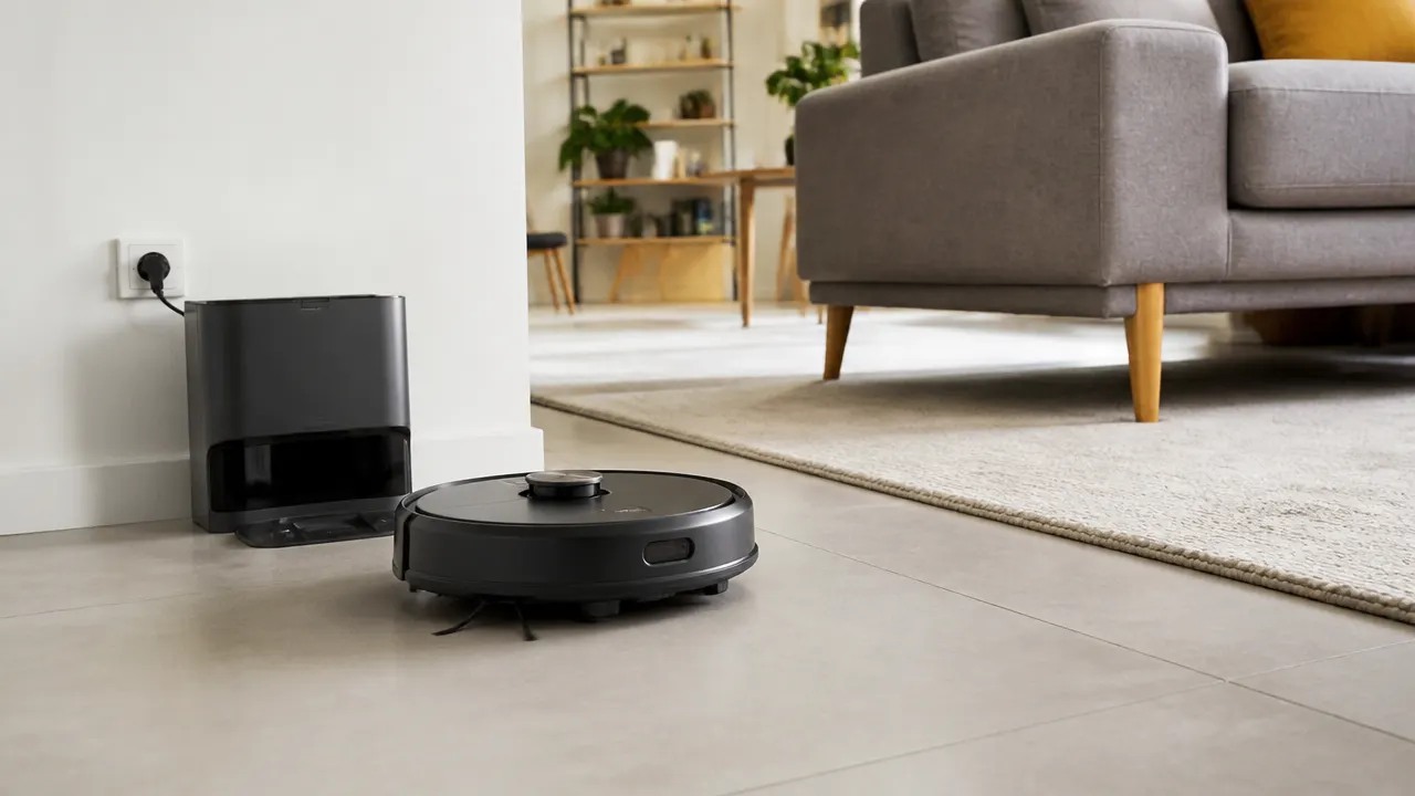 Robot laveur et station dans un salon, illustration du comparatif Roborock Qrevo