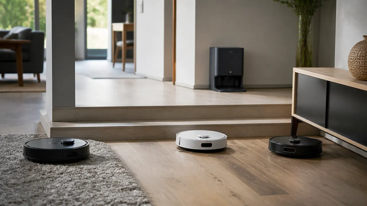 comparatif-roborock-saros-2026 Comparatif Roborock Saros dans un logement avec tapis, seuils et meubles bas