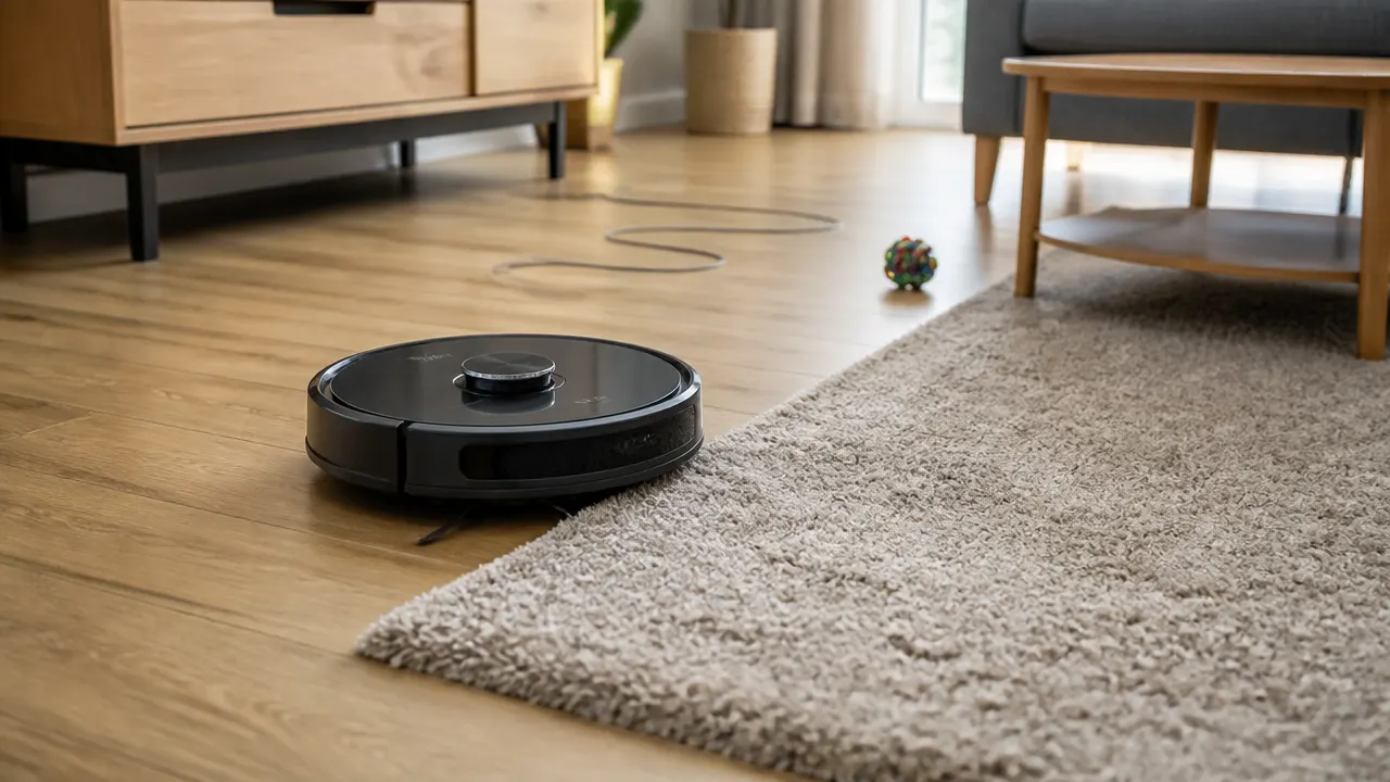 Robot aspirateur face à un tapis, un câble et un petit objet au sol