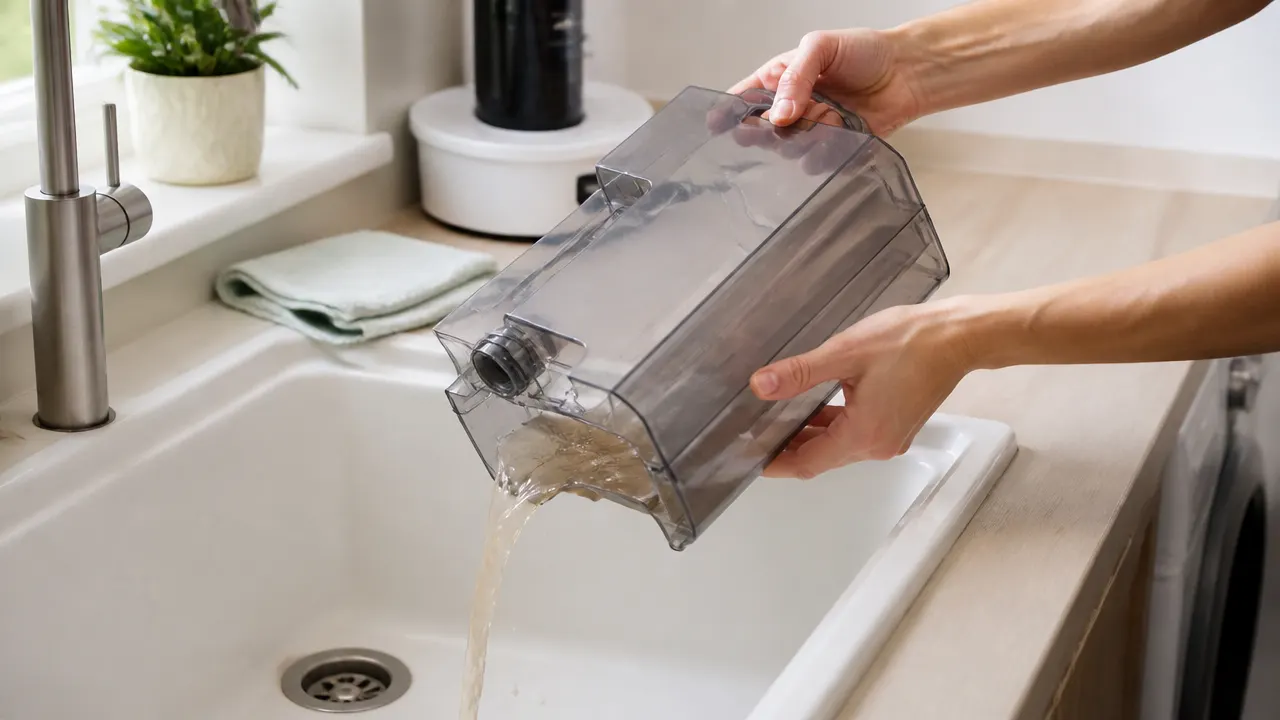Illustration du vidage d’un réservoir amovible d’eau sale dans un évier