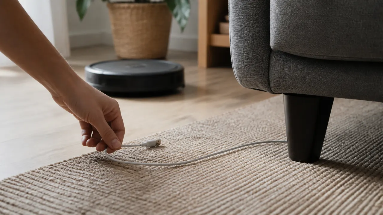 Main ramassant un câble près d’un tapis avant le passage du robot