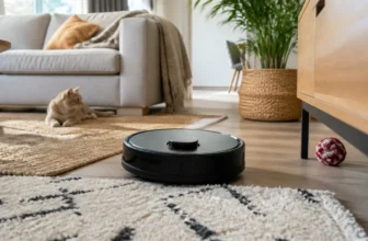 Robot aspirateur dans un salon avec animaux et plusieurs types de tapis