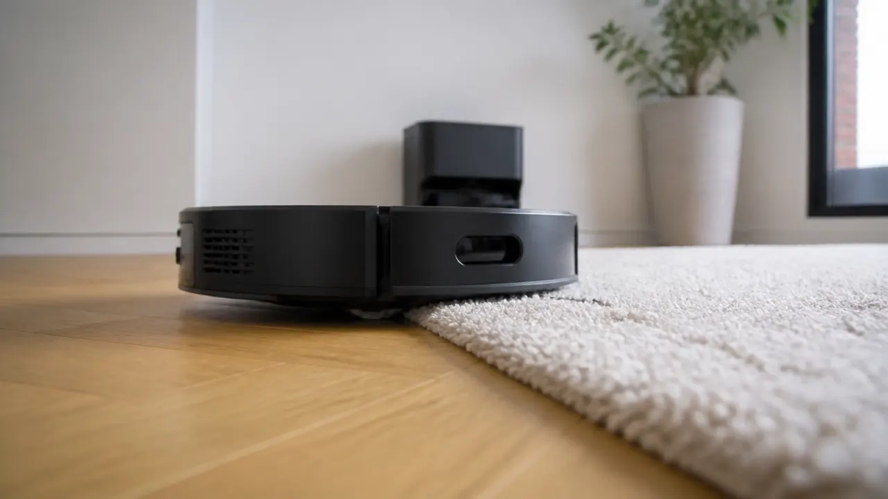 Robot aspirateur montant sur un tapis épais sans patins de lavage visibles
