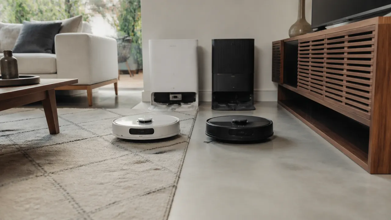 Illustration de deux robots génériques dans un salon avec tapis et sols durs