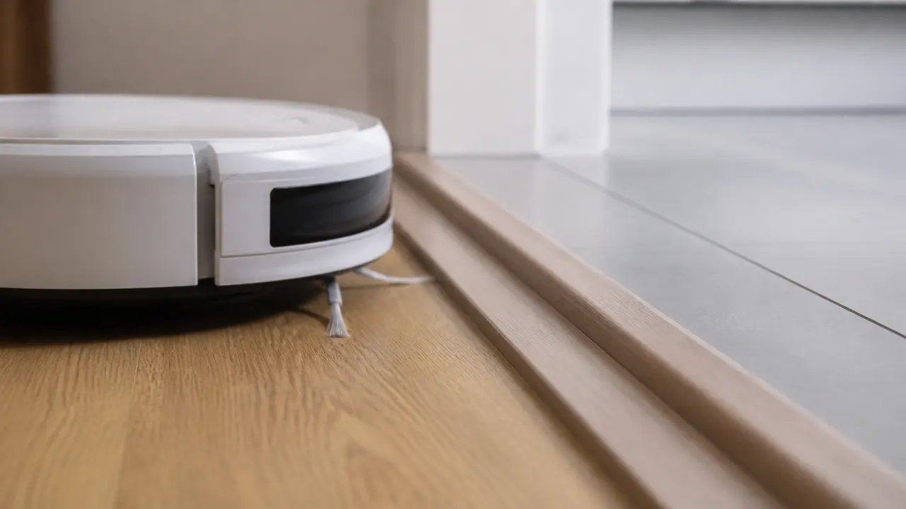 seuil-double-niveau-roborock-saros Robot aspirateur devant un seuil composé de deux ressauts successifs