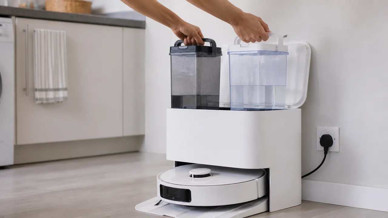 Retrait des réservoirs d’eau d’une station de robot aspirateur laveur